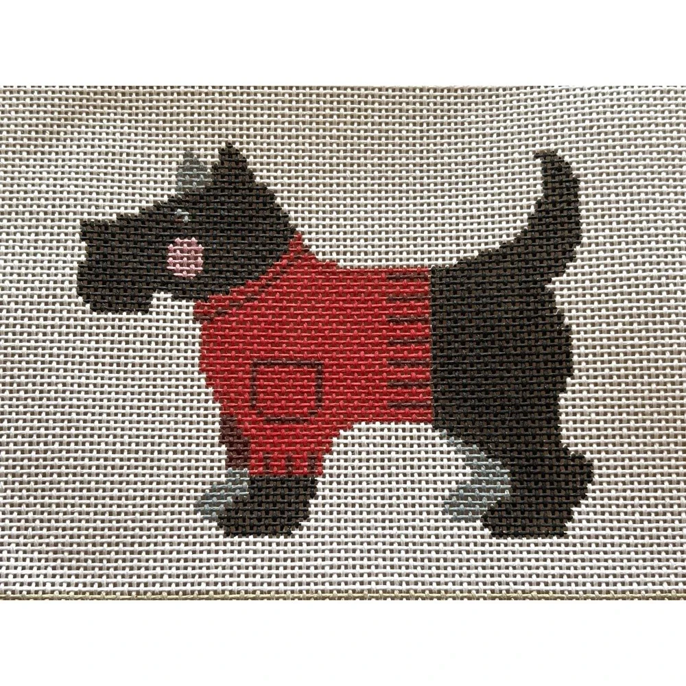 Needlepoint Canvas Handpainted Scottie in Red Sweater KS Wood Frame 14 Pt 11 x 9